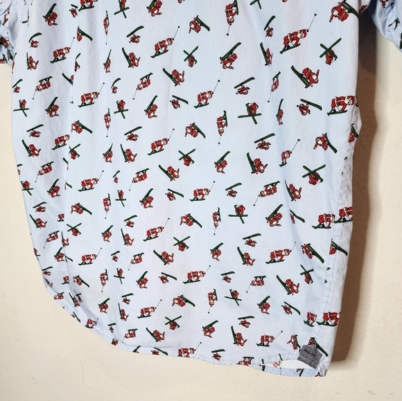 MBX skiing santa short sleeve button down shirt. Blue/Red. - Picture 9 of 16
